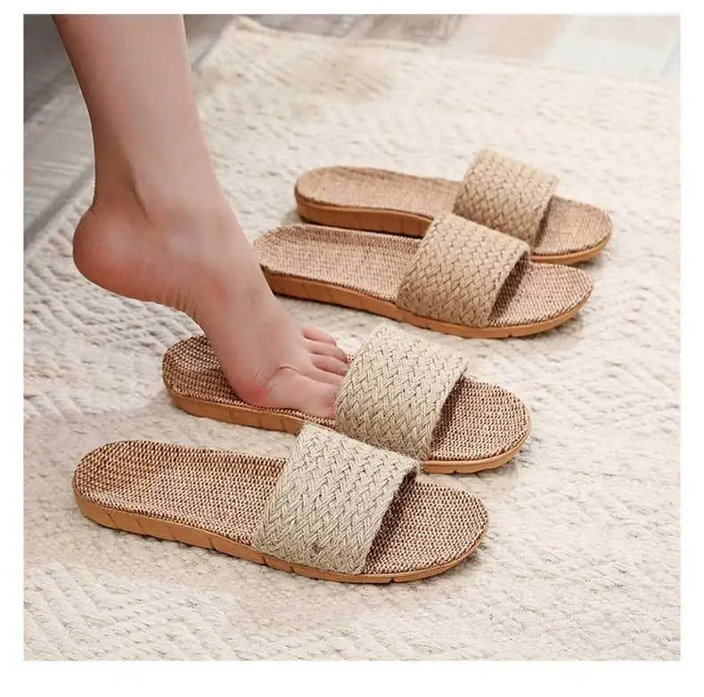 Summer Linen Slippers Woven Home Indoor Couple Sandals Breathable Non Slip Sweat Absorbing Wooden Floor Cotton Linen