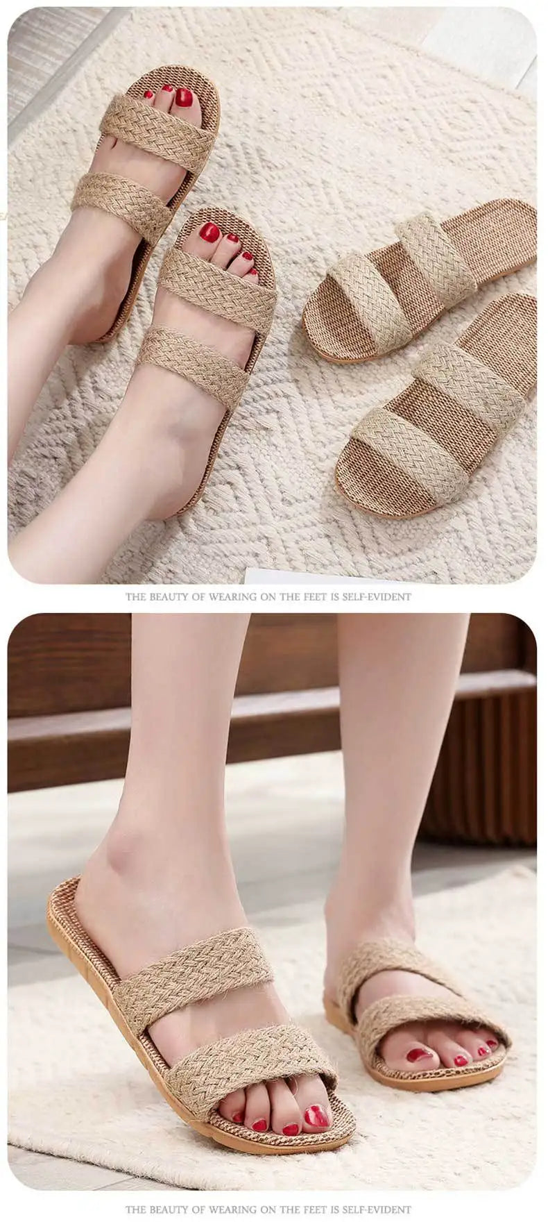 Summer Linen Slippers Woven Home Indoor Couple Sandals Breathable Non Slip Sweat Absorbing Wooden Floor Cotton Linen