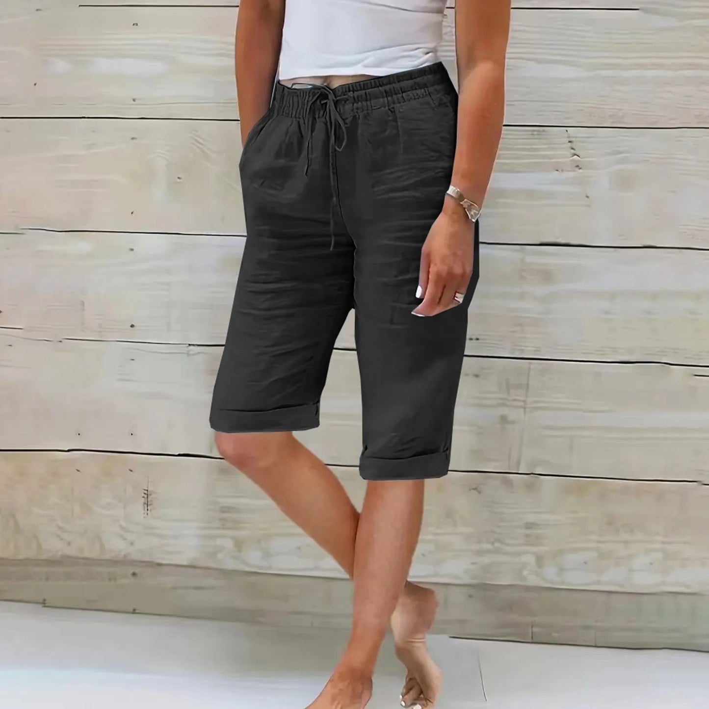 Womens Summer Elastic Waist Pocket Pocket Solid Color Cotton Linen Wide Leg Pants Loose Pants Pants for Women Women’s Pants