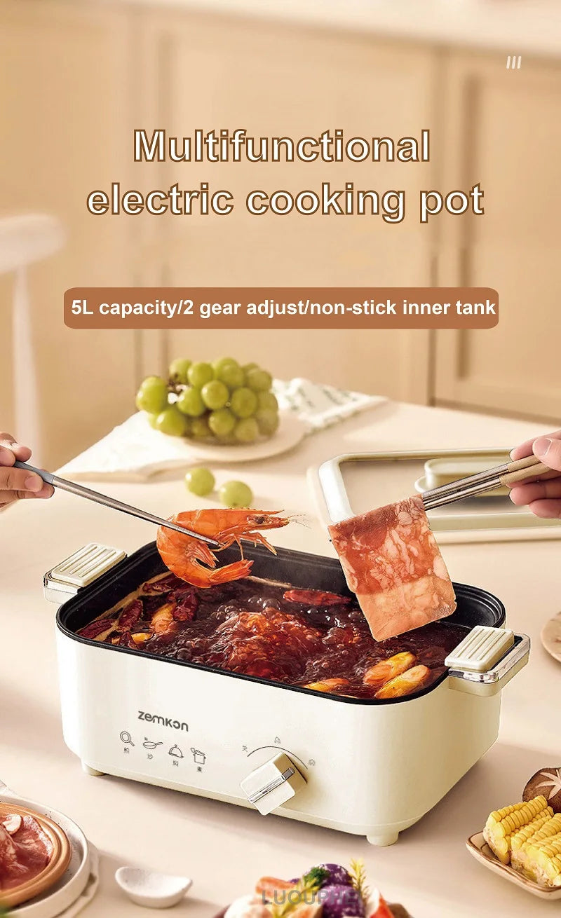 5L Home Electric Hot Pot Large-capacity Non-stick Electric Wok Multi-functional Pot 2 Gear Temperature Adjust Frying Pan 220V
