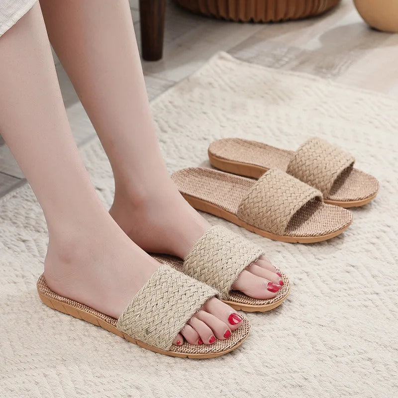 Summer Linen Slippers Woven Home Indoor Couple Sandals Breathable Non Slip Sweat Absorbing Wooden Floor Cotton Linen