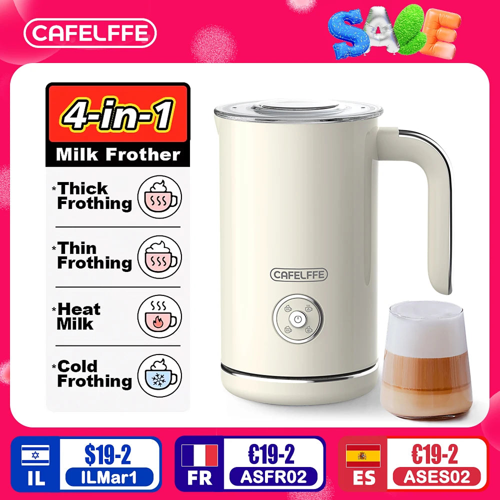 Cafelffe 4in1 Electric Milk Frother Frothing Foamer Chocolate Mixer Cold/Hot Latte Cappuccino Automatic foam milk heater Warmer