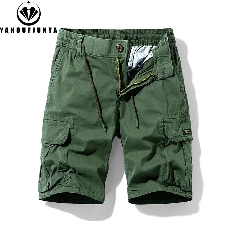 Men Summer Solid Color Outdoor Leisure Cargo Comfortable Shorts Men Elastic Waist Loose Straight High-Quality Design Shorts Male