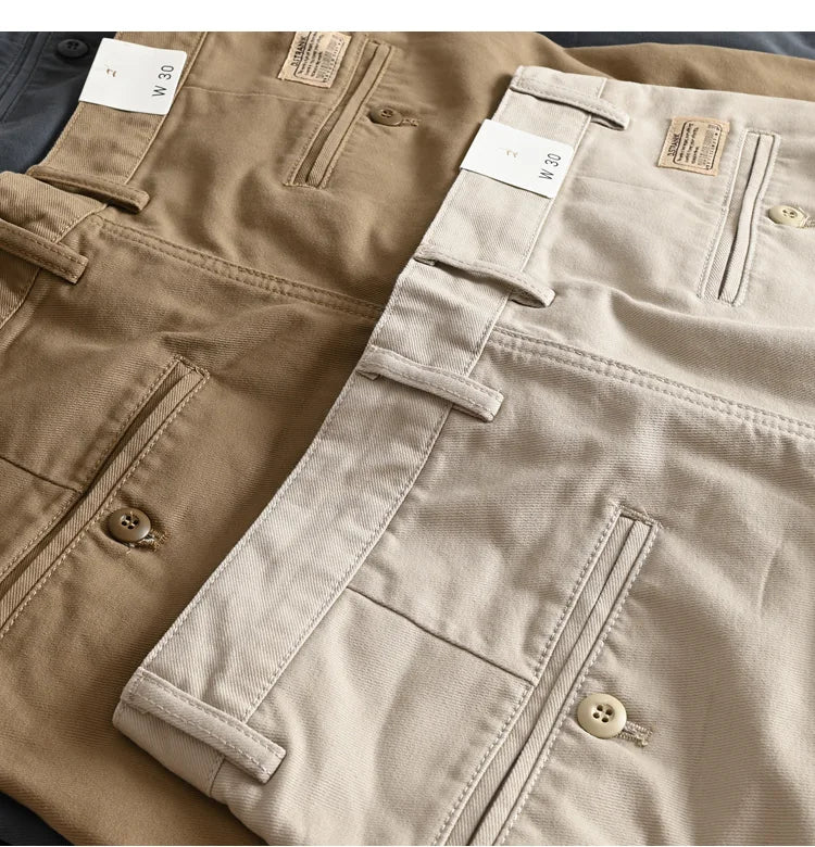 2025 Spring and Autumn New American Retro Woven Twill Chino Cargo Pants Men's Simple 100% Cotton Washed Casual Straight Trousers
