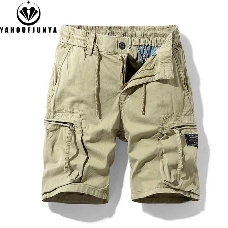 Men Summer Solid Color Outdoor Leisure Cargo Comfortable Shorts Men Elastic Waist Loose Straight High-Quality Design Shorts Male