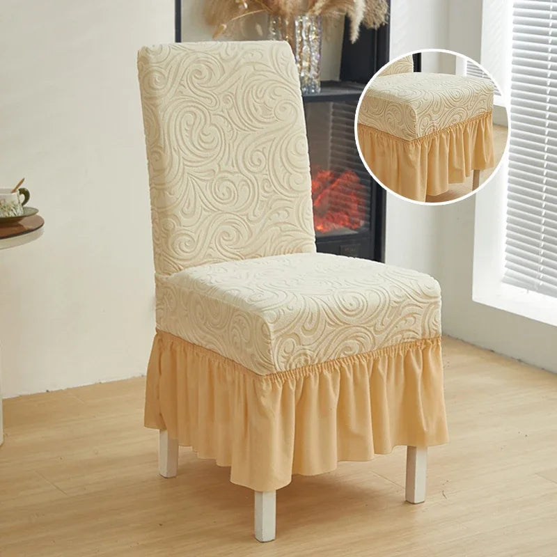 1/2/4/6pcs Jacquard Dining Chair Cover Pure Color All-inclusive Chair Slipcover with Skirt Elastic Durable Seat Protector Decor