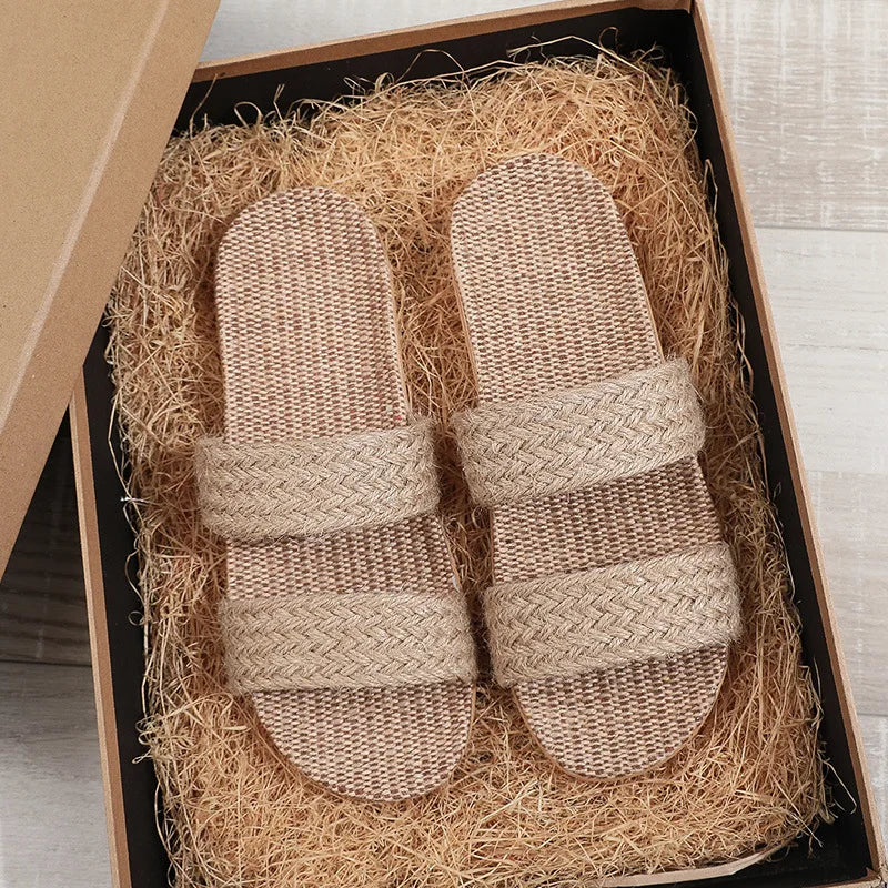 Summer Linen Slippers Woven Home Indoor Couple Sandals Breathable Non Slip Sweat Absorbing Wooden Floor Cotton Linen