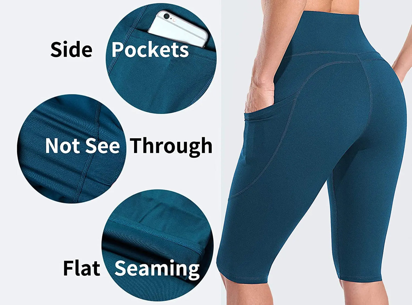 Anfilia Women Yoga Shorts Jogging Running Cycling Fitness Sportswear High-waist with Side Pockets Sporty Shorts Solid Color