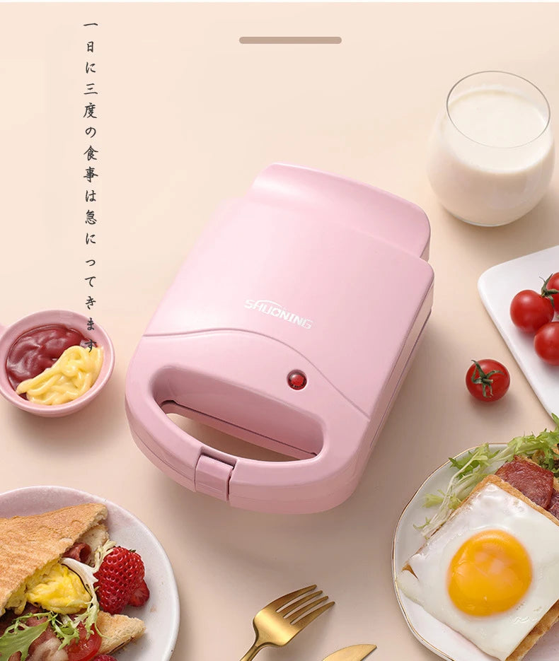 Portable Electric Sandwich Maker Home Multifunctional Machine Non-Stick Breakfast Maker Waffle Baking Pan Pot Pink Red Color