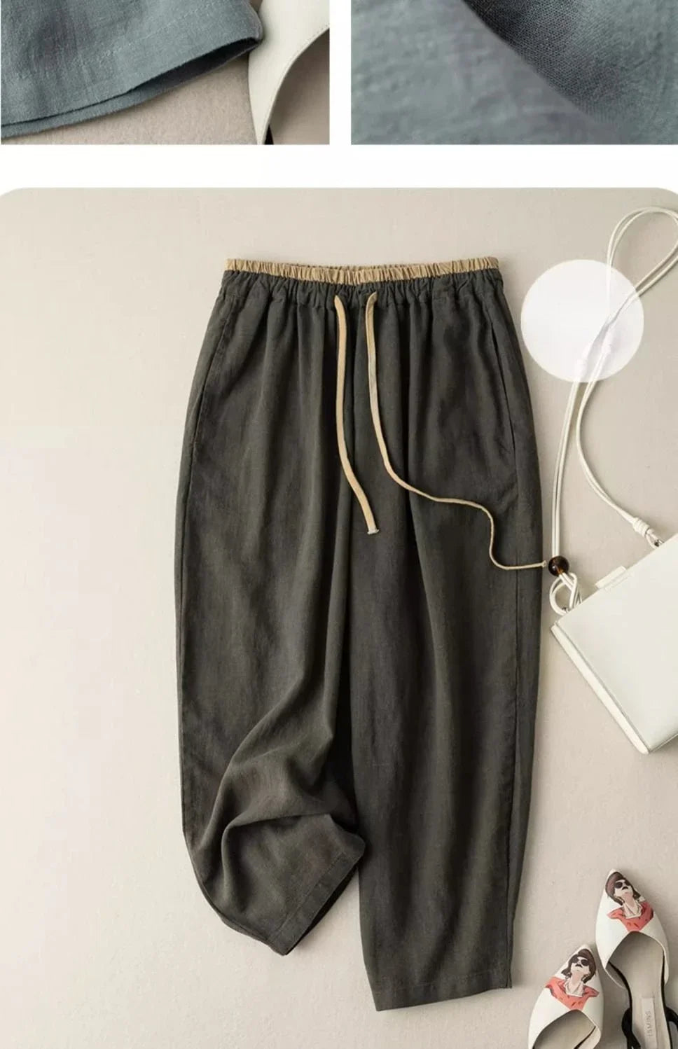 Elastic Drawstring Waist Casual Pants Summer Retro Cotton Linen Loose Harem Pants Basic Versatility Wide-leg Ankle-Length Pants