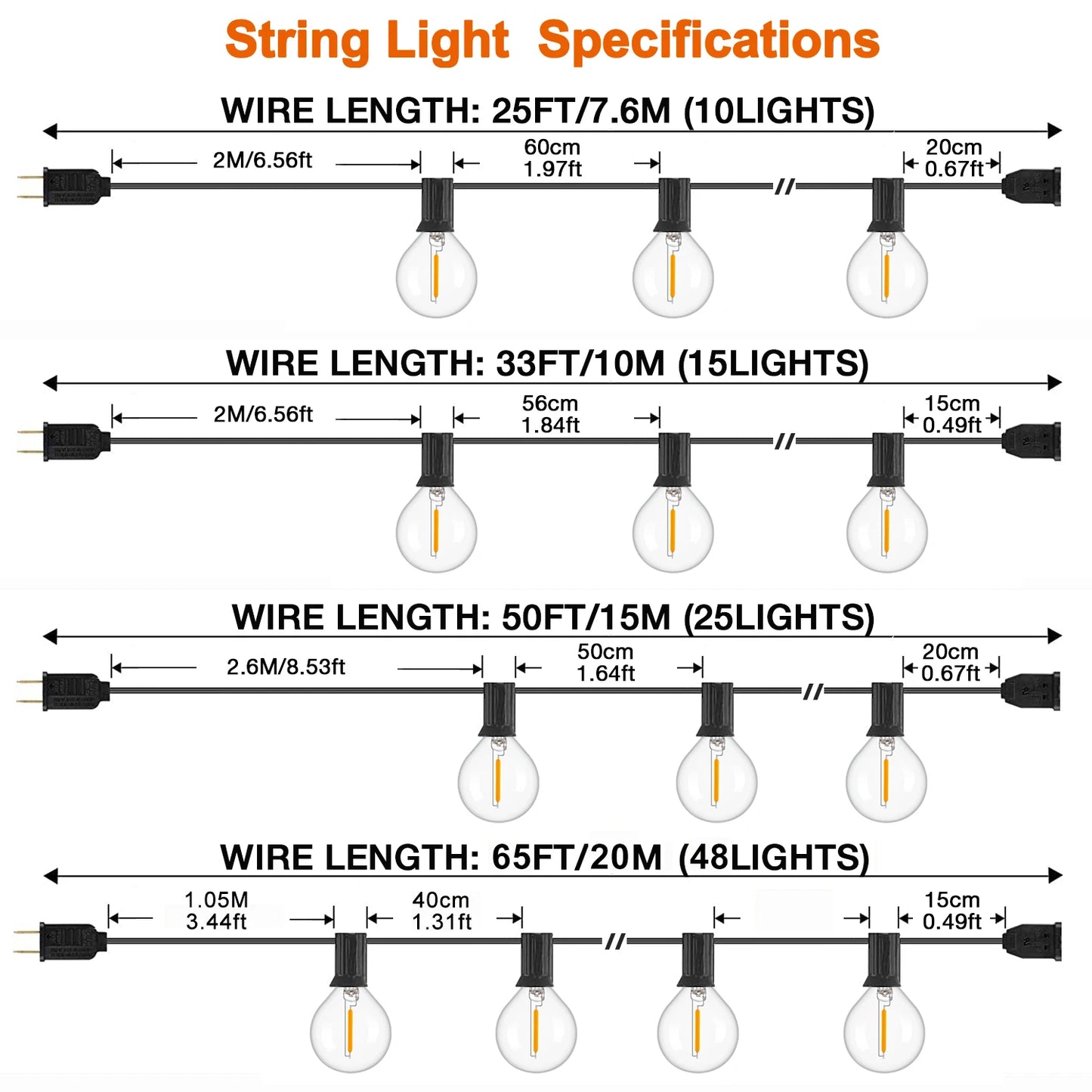 Sphoon Vintage G40 LED String Lights Dimmable Waterproof Connectable 50FT 65FT Garden Garland Decoration Outdoor Fairy Light