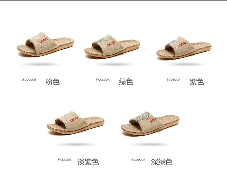New Linen Slippers For Women Summer Indoor Home Non-Slip Home Home Embroidered Sandals Summer
