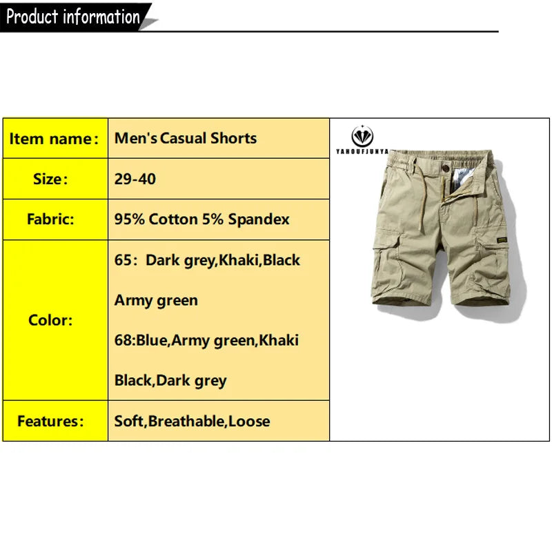 Men Summer Solid Color Outdoor Leisure Cargo Comfortable Shorts Men Elastic Waist Loose Straight High-Quality Design Shorts Male