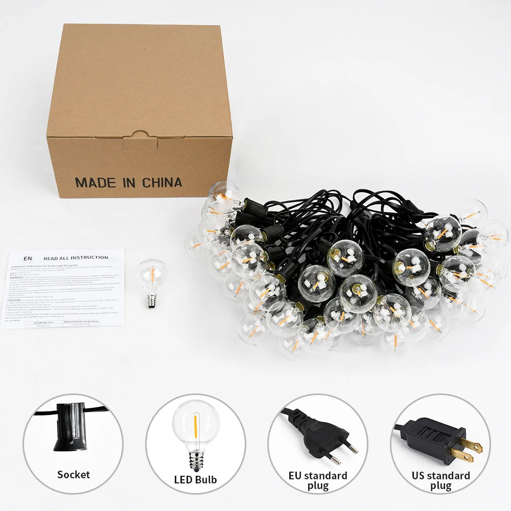 30M LED Fairy String Light Outdoor Birthday Party Light String G40 Patio Garden Light Clear Vintage Bulb Chain For Wedding Decor