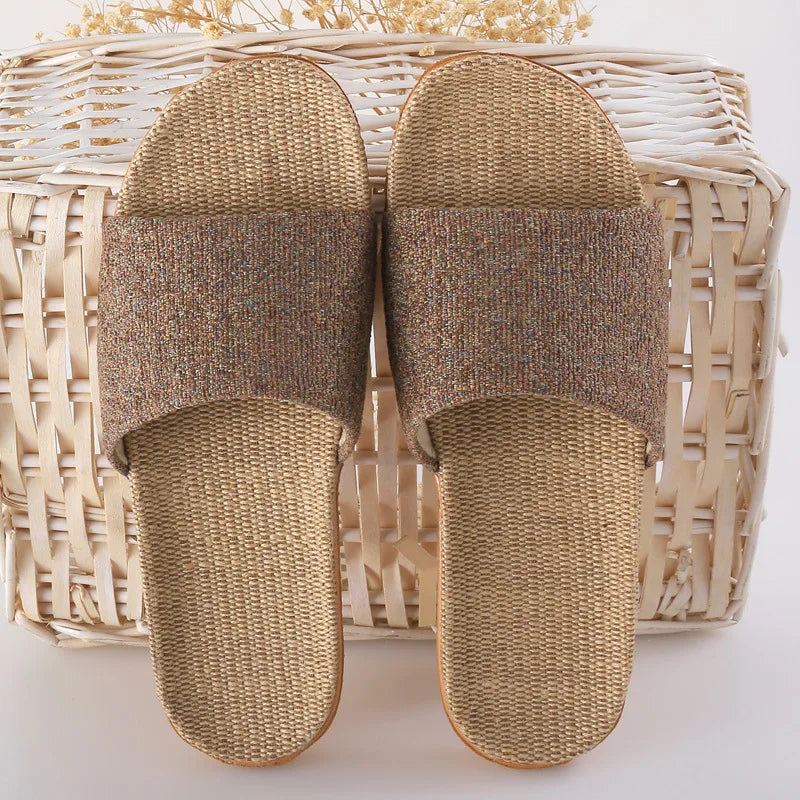 Home couple indoor slippers wooden floor cotton linen linen slippers home non-slip men and women thick bottom summer
