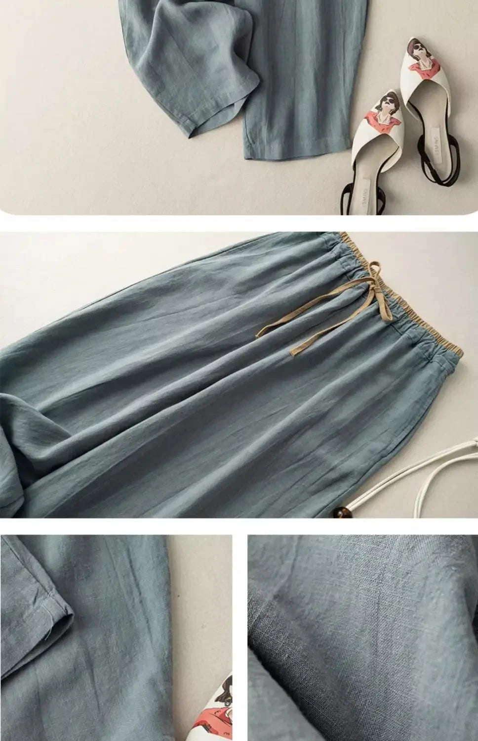 Elastic Drawstring Waist Casual Pants Summer Retro Cotton Linen Loose Harem Pants Basic Versatility Wide-leg Ankle-Length Pants