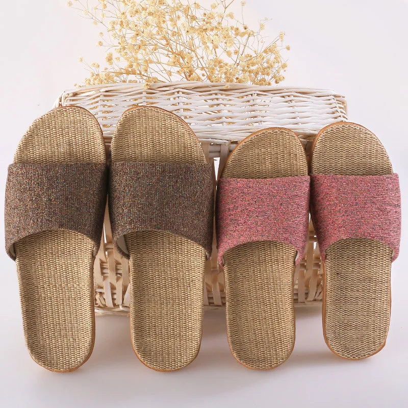 Home couple indoor slippers wooden floor cotton linen linen slippers home non-slip men and women thick bottom summer