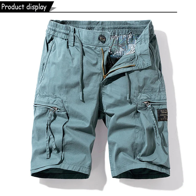 Men Summer Solid Color Outdoor Leisure Cargo Comfortable Shorts Men Elastic Waist Loose Straight High-Quality Design Shorts Male