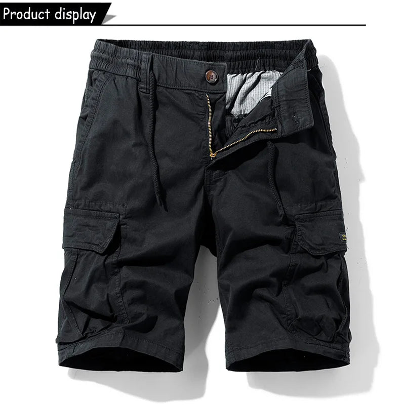 Men Summer Solid Color Outdoor Leisure Cargo Comfortable Shorts Men Elastic Waist Loose Straight High-Quality Design Shorts Male