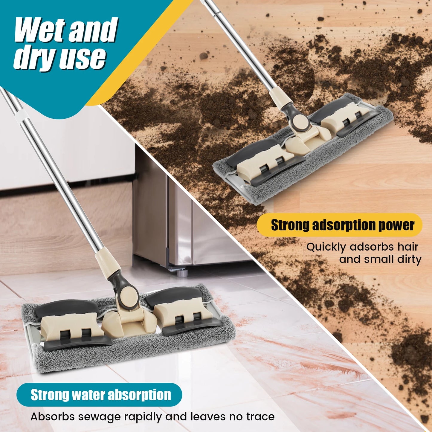 360° Rotating Flat Floor Mop with 127CM Adjustable Handle Dusting Microfiber Pad Lazy Mops Rectangular Home Floor Cleaning Tool