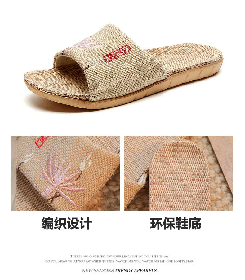 New Linen Slippers For Women Summer Indoor Home Non-Slip Home Home Embroidered Sandals Summer