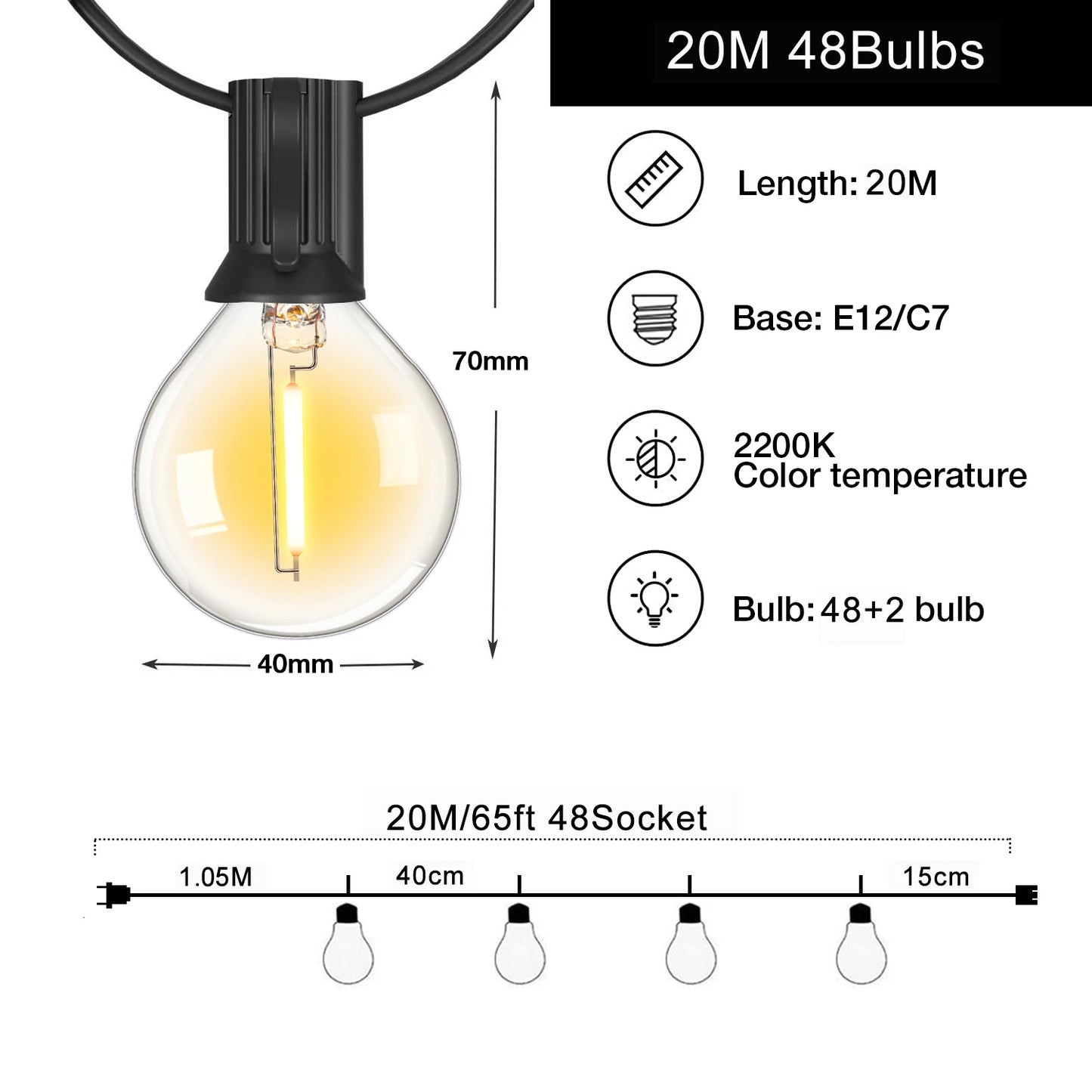 Sphoon Vintage G40 LED String Lights Dimmable Waterproof Connectable 50FT 65FT Garden Garland Decoration Outdoor Fairy Light