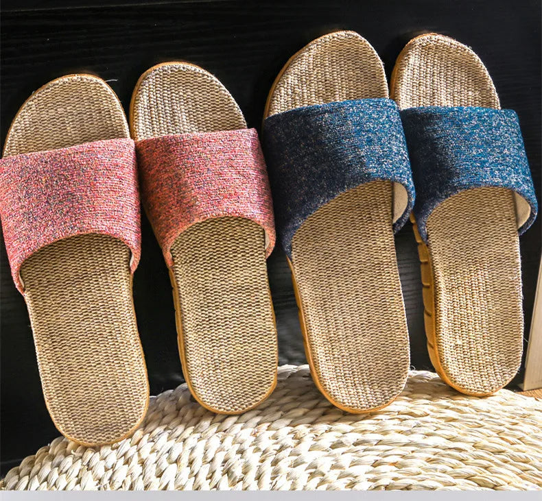 Linen Women Shoes Color Matching Leisure Indoor Floor Shoes Summer Home Slippers Ladies Open Toe Slippers Flat Shoes
