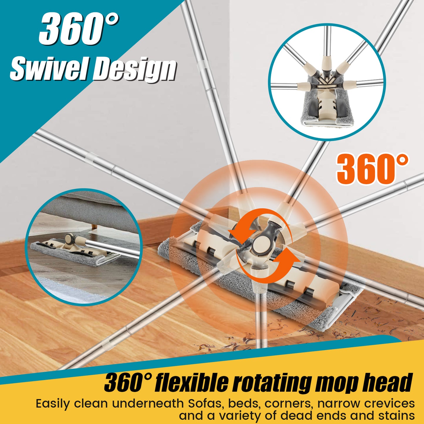 360° Rotating Flat Floor Mop with 127CM Adjustable Handle Dusting Microfiber Pad Lazy Mops Rectangular Home Floor Cleaning Tool