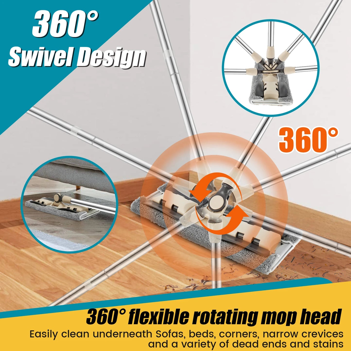 360° Rotating Flat Floor Mop with 127CM Adjustable Handle Dusting Microfiber Pad Lazy Mops Rectangular Home Floor Cleaning Tool
