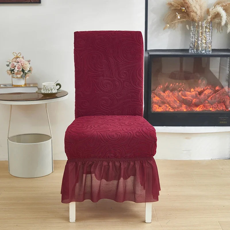 1/2/4/6pcs Jacquard Dining Chair Cover Pure Color All-inclusive Chair Slipcover with Skirt Elastic Durable Seat Protector Decor