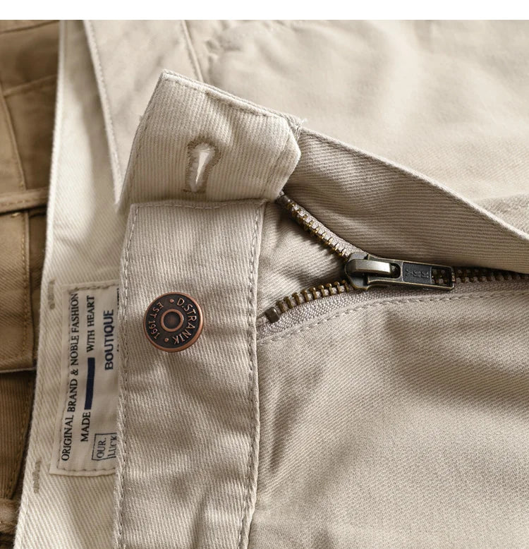 2025 Spring and Autumn New American Retro Woven Twill Chino Cargo Pants Men's Simple 100% Cotton Washed Casual Straight Trousers