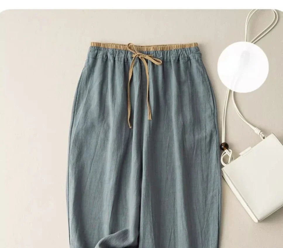Elastic Drawstring Waist Casual Pants Summer Retro Cotton Linen Loose Harem Pants Basic Versatility Wide-leg Ankle-Length Pants