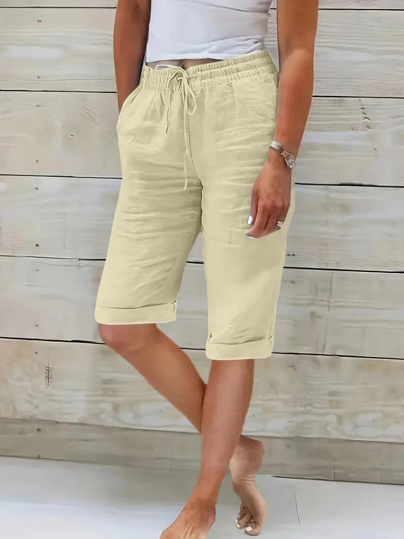 Womens Summer Elastic Waist Pocket Pocket Solid Color Cotton Linen Wide Leg Pants Loose Pants Pants for Women Women’s Pants