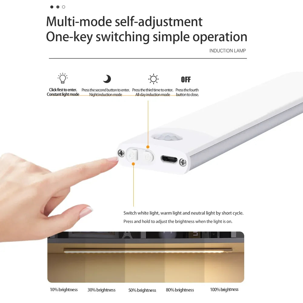 Night Light 20/30/40/60CM Motion Sensor Light Wireless USB LED Cabinet Light Wardrobe Lamp For Kitchen Cabinet Bedroom Wardrobe