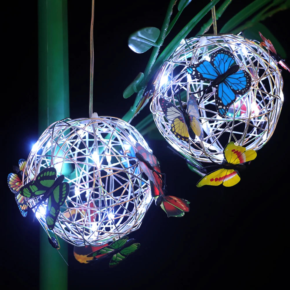 Outdoor Solar Garden Light Metal Home Decorative Nightlight Butterfly Pendant Waterproof Butterfly Round Ball Light Weaving Mesh