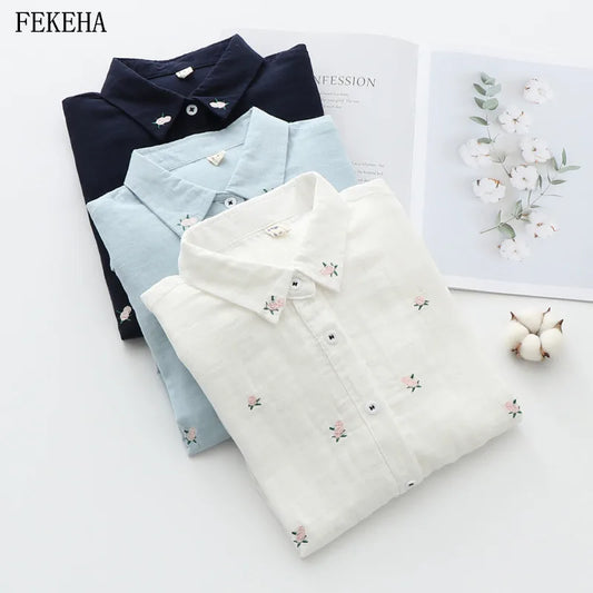 Floral Embroidery Women Office Shirts Autumn White Blouses Casual Ladies Tops Female Blusas Camisa Double Cotton Yarns Clothes