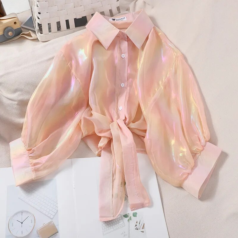 HELIAR Buttoned Up Shirts Women Half Sleeve Shining Sparkles Tied Waist Sexy Chiffon Blouses Shirts For Women 2023 Summer Autumn