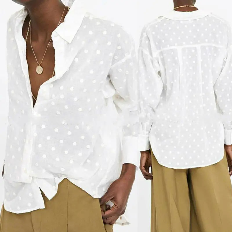 Women's Polka Dot Long Sleeve Blouses Lapel Button Down Mesh Sheer See-through Elegant Office Lady OL Shirt Tops Streetwear