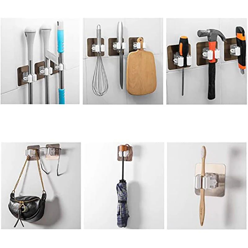 Multi-Purpose Hooks Mop Holder Wall Mounted Mop Organizer Broom Hanger Hook Bathroom Waterproof Wall Hook Self-Adhesive 4Pcs