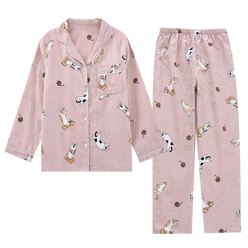 Japanese spring and autumn couples cotton gauze pajamas suit men's cotton four seasons long-sleeved trousers home service women