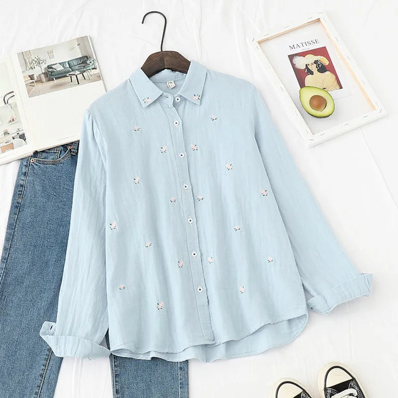 Floral Embroidery Women Office Shirts Autumn White Blouses Casual Ladies Tops Female Blusas Camisa Double Cotton Yarns Clothes