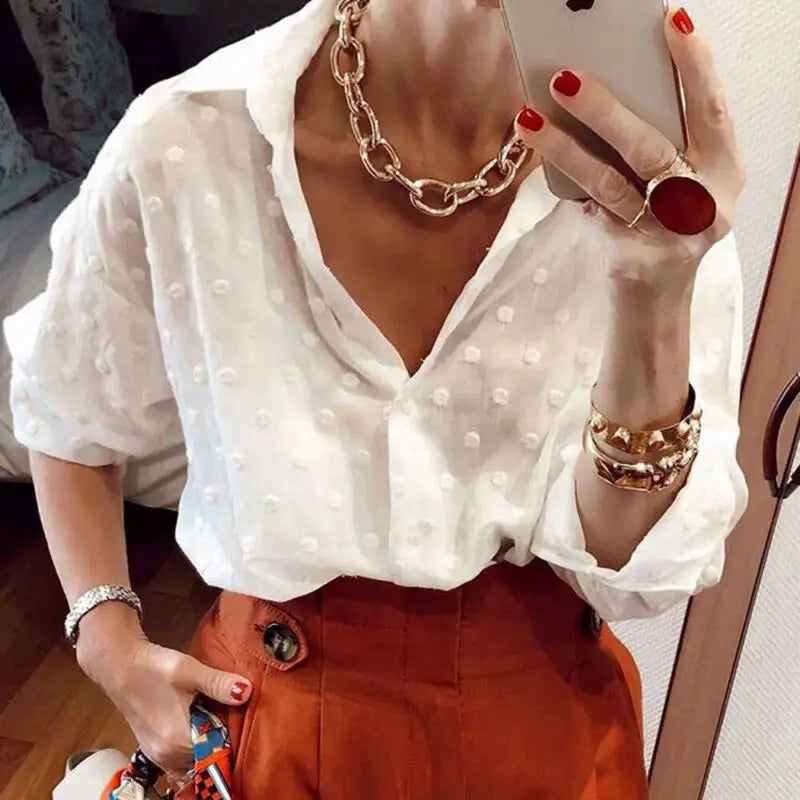 Women's Polka Dot Long Sleeve Blouses Lapel Button Down Mesh Sheer See-through Elegant Office Lady OL Shirt Tops Streetwear