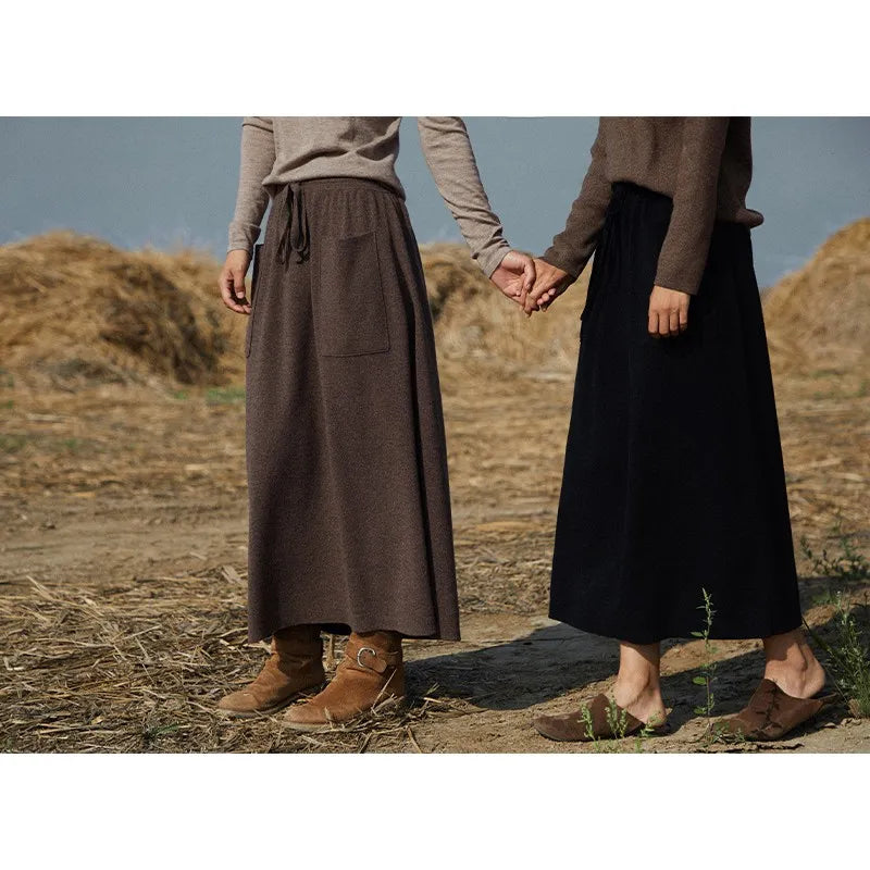 Cashmere skirt ladies high waist stretch skirt casual knitted half length long skirt with pockets winter warm female skirt
