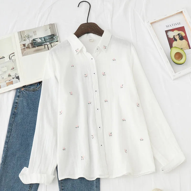 Floral Embroidery Women Office Shirts Autumn White Blouses Casual Ladies Tops Female Blusas Camisa Double Cotton Yarns Clothes