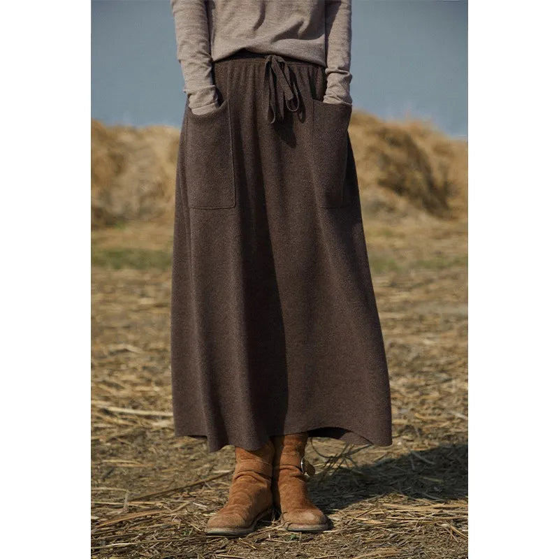 Cashmere skirt ladies high waist stretch skirt casual knitted half length long skirt with pockets winter warm female skirt