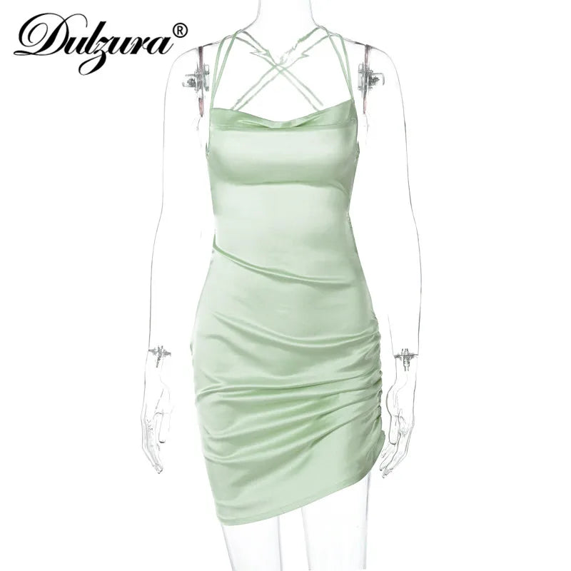 Dulzura ซาตินผู้หญิงชุดมินิ Ruched Lace Up CROSS BANDAGE Backless Bodycon เซ็กซี่ปาร์ตี้ Elegant 2023 Club Christmas Slim