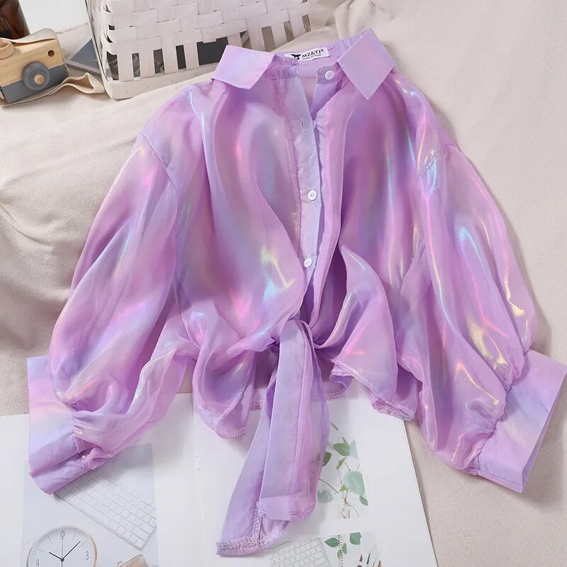 HELIAR Buttoned Up Shirts Women Half Sleeve Shining Sparkles Tied Waist Sexy Chiffon Blouses Shirts For Women 2023 Summer Autumn