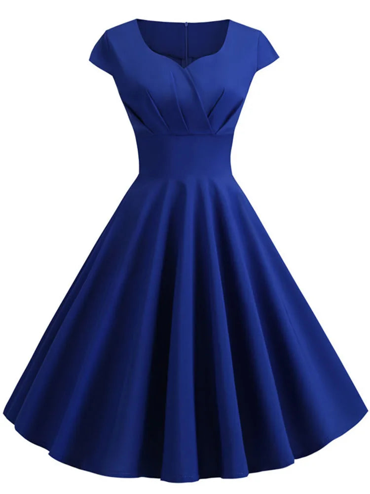 สีชมพูฤดูร้อนชุดผู้หญิง V คอ Big Swing ชุดวินเทจ Robe Femme Elegant Retro pin up Party Office Midi ชุด