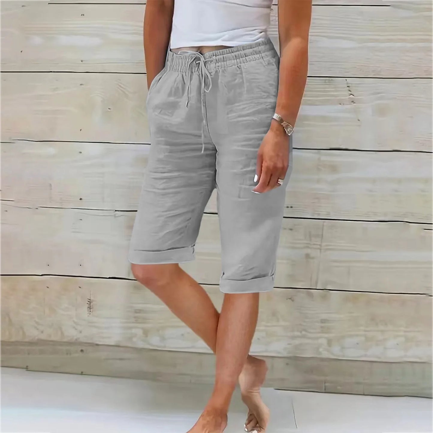 Womens Summer Elastic Waist Pocket Pocket Solid Color Cotton Linen Wide Leg Pants Loose Pants Pants for Women Women’s Pants