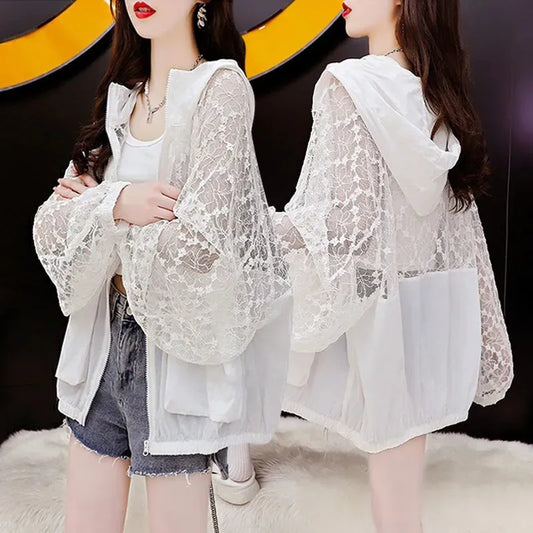 Fashion Lace Hollow Out Sun Sunscreen Clothes Female 2023 Summer New Casual Long Sleeve Hooded Coat Women Loose Outerwear H2786